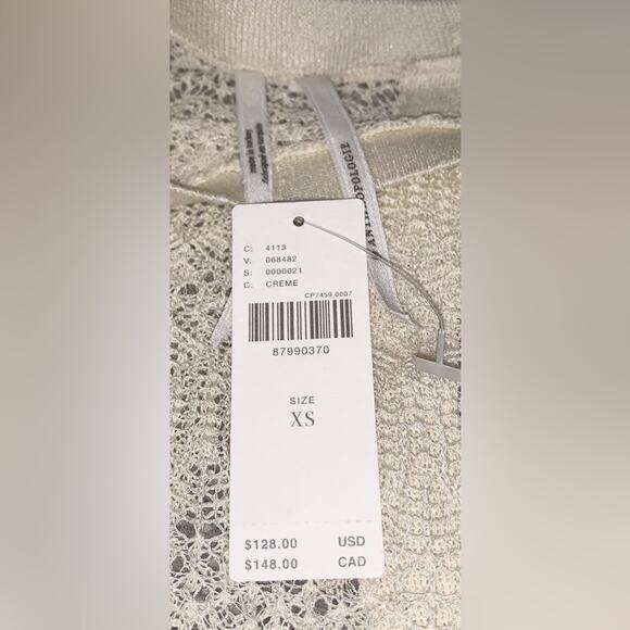 ANTHROPOLOGIE Womens Sweater Size XS Cream Sheer Open-Stitch Ruffle Coquette - Picture 3 of 12